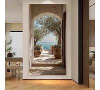 Lienzo impreso con vista al mar y olivo mediterráneo, arco de piedra vertical, arte mural Wabi Sabi para decoración de pasillo (25x50cm/sin marco)