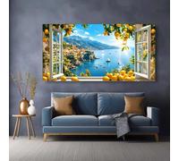 Lienzo impreso con vista desde una ventana: limonero, mar, veleros, montaña, pueblo, escena veraniega (30x60cm)