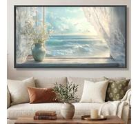 Lienzo impreso con vista panorámica al mar desde una ventana abierta. Arte mural náutico con gaviotas para la decoración del dormitorio (50 x 100 cm).