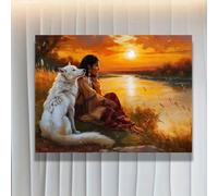Lienzo impreso de mujer nativa americana y lobo blanco, arte de pared con paisaje de atardecer junto al río para decoración de sala de estar y dormitorio (30 x 45 cm/marco interior)