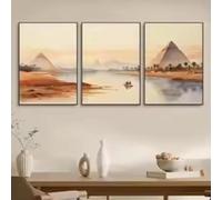 Lienzo impreso mural XXL Boho Antiguo Egipto Civilización Paisaje Pirámide Pueblos Desiertos Póster Pintura Murales Decoración del Hogar 65 x 95 cm x 3 Sin Marco