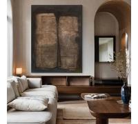 Lienzo impreso, póster, pintura abstracta Wabi-Sabi marrón, arte mural oscuro, óleo de mediados de siglo, decoración minimalista para oficina y hogar (60x90cm)