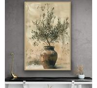 Lienzo impreso verticalmente, arte mural botánico Wabi Sabi, jarrón vintage con ramas de olivo (40x60cm/sin marco)