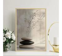 Lienzo minimalista con piedras zen, decoración de pared moderna y tranquila, con dibujo rústico natural en tinta negra (40 x 55 cm)