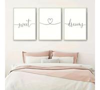 Lienzo minimalista en blanco y negro "Dulces sueños", decoración moderna para dormitorio con diseño de corazones, impresiones para pared (60 x 80 cm, 3 unidades, sin marco)