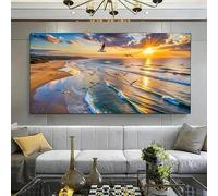 Lienzo moderno con atardecer en la playa, impresiones, pintura, póster, olas y gaviotas, arte de pared para sala de estar, oficina, decoración del hogar (60 x 120 cm)