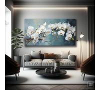 Lienzo moderno Serenity para pared, pintura abstracta con orquídeas blancas y fondo azul, impresión artística para sala de estar (55 x 110 cm, sin marco)