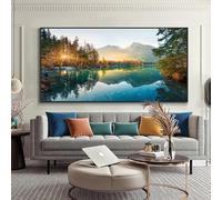 Lienzo pintado de paisaje natural escandinavo con montaña, lago y atardecer Póster decorativo de pared con imagen nórdica moderna para el hogar 80x160cm/32x63 pulgadas marco interior