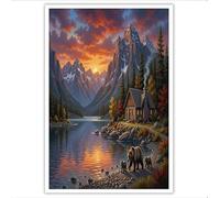 Lienzo Pintura Casas Madera Con Vistas Lago Brown Bears, Impresiones En Lienzo Paisajes Cuento Hadas, Color Naranja Sin Marco Para Pared Decoración Para Salón Dormitorio Cafetería, Regalos, 30×40 Cm