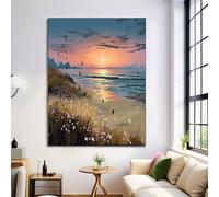 Lienzo Pintura Playa De Flores Silvestres, Impresiones En Lienzo Olas Al Atardecer, Azul Profundo Sin Marco Para Pared Decoración Para Salón Dormitorio Cafetería Hoteles Bares, Regalos, 40X50Cm