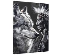 Lienzo rectangular de lobo, diseño artístico, animales, tribu de plumas, estilo indio, hombre, blanco y negro, extraíble, decoración para sala de juegos, biblioteca, dormitorio, apartamento, vertical