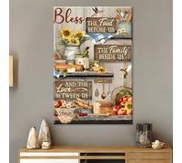 Lienzo rústico "Bendice la comida que nos espera" - Diseño de manzana fresca y colibrí, decoración de pared para cocina y sala de estar (90x140cm/35x55in/marco interior)