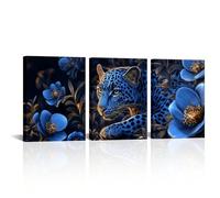 Lienzo rústico de leopardo para pared, impresiones de flores de hibisco azul, decoración de pared, animales de granja, vida silvestre, floral para sala de estar (40 x 65 cm x 3/sin marco)