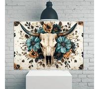 Lienzo rústico elegante con diseño de calavera de vaca y flores - Decoración vintage de granja - Impresiones en lienzo XXL para sala de estar y dormitorio (40 x 70 cm/16 x 28 pulgadas/marco interior)