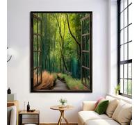 Lienzo Verde Esmeralda Para Dormitorio Sala De Estar, Pósters De Arte De Pared 50X70Cm, Ventanas Madera Vintage, Sin Marco, Imágenes Estéticas, Vista Del Bosque Bambú Pósteres Para Pared