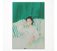 Lienzo verde esmeralda para pared, póster abstracto de mujer para estética de habitación, pintura a rayas tomando café en el sofá, decoración de pared femenina minimalista para dormitorio, sala de