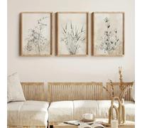 Lienzo vintage con estampado de flores botánicas sencillas, pintura en blanco y negro, flores silvestres neutras, decoración de pared (50 x 70 cm, 3 unidades)