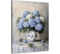 Lienzo vintage de hortensias azules, arte de pared bohemio con flores de primavera azules y blancas para decoración de dormitorio y sala de estar, 70x90cm(28x35 pulgadas), marco interior.
