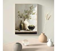 Lienzo vintage minimalista, arte de pared, póster, impresiones, Italia, olivo en jarrón, naturaleza muerta, botánica, decoración antigua para el hogar (70 x 100 cm)