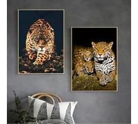 Lienzos con arte moderno de animales: pósteres de leopardo y jaguar, y láminas de animales salvajes para decoración de pared en el salón (60x80cm - 2 unidades).