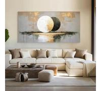 Lienzos con estampado abstracto moderno de la Luna, pintura al óleo, círculo dorado y negro, arte mural contemporáneo de lujo para la decoración del hogar (60 x 120 cm).