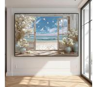 Lienzos con estampado de ventana abierta a la playa, póster de arte mural costero, vista al mar con gaviotas volando, decoración para sala de estar oceánica (60x80CM/sin marco)