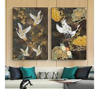 Lienzos con estampados de animales de estilo antiguo chino: flores doradas, grulla, póster abstracto para decoración de paredes (40x60cmx2/sin marco).