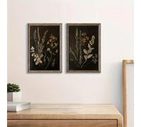 Lienzos con motivos botánicos académicos, arte mural floral retro con elegante fondo negro para la decoración de la sala de estar (30x40cm - 2 piezas)
