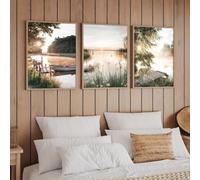 Lienzos con paisajes rústicos modernos, lago sereno y canoa de madera, para decoración moderna de sala de estar (40x60cm x 3/marco interno)