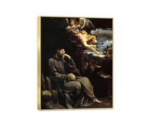 Lienzos de Pintores Famosos Guido Reni Cuadro en Lienzo Reproducciones de Arte San Francisco música angelical Cuadros de Pintores Famosos Impresión Decoracion Salon Modernos 100x70cm Marco dorado