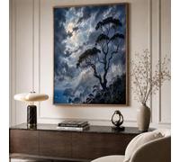 Lienzos Decor Árboles Antiguos A Lo Largo De La Costa Nubes Marinas Luna Llena 40×50 cm Lienzo Cuadros De Pared Paisaje Natural De Ensueño Decor Azul Profundo Para El Para Dormitorio Sala De Estar