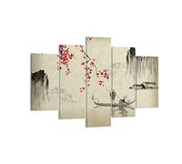 Lienzos decorativos 150x100cm Cuadro Sobre Lienzo Moderno Flor Cerezas Japón Grande XXL Dormitorio Cuadros Pared Imágenes Tríptico 5 Piezas Cuadros Decoracion Salon Wall Art Prints EA150x100-5020