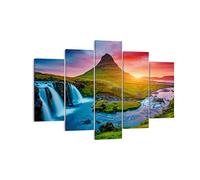 Lienzos decorativos 150x100cm Cuadro Sobre Lienzo Moderno Puesta de sol cascada islandia volcán Grande Dormitorio Cuadros Pared Tríptico 5 Piezas Cuadros Decoracion Salon Wall Art EA150x100-2963