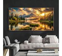 Lienzos decorativos: Amanecer dorado, montañas nevadas reflejadas en la superficie del agua, decoración moderna para la pared del salón (40x80cm/Sin marco).