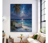 Lienzos Decorativos Barco De Playa Con Luna Llena 50×70 cm Sin Marco Cuadro Sobre Lienzo Pintura Al Óleo De Escena Nocturna Romántica, Arte De La Pared Para El Cuarto De Sala De Estar Del Dormitorio