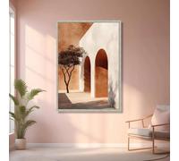 Lienzos decorativos con diseño arquitectónico de arco rústico, silueta de olivo y tonos tierra cálidos (60x90cm).