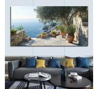 Lienzos decorativos con motivos costeros de piedra, olivos y vistas al mar. Decoración vintage para el hogar y la oficina (30x60cm /marco interno).