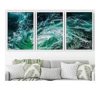 Lienzos decorativos modernos con estampados abstractos de temática oceánica en tonos azules y verdes, con olas del océano, ideales para la decoración del hogar y la sala de estar (30x50cm - 3 piezas).