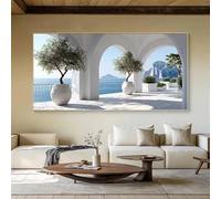 Lienzos decorativos modernos para el hogar: pósteres para sala de estar y dormitorio con diseño de arco costero, olivos y vista al mar (80x160cm/sin marco).