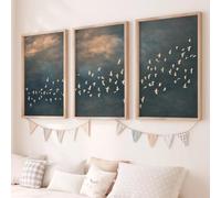Lienzos decorativos para pared con diseño de pájaros volando en el cielo, estilo vintage, ideales para dormitorio, sala de estar, estudio o pasillo (50x75cm - 3 piezas).