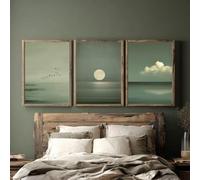 Lienzos impresos, arte mural Japandi, pósteres minimalistas verde salvia, decoración zen escandinava, póster de paisaje marino tranquilo Wabi Sabi (60x80cm - 3 piezas/marco interno)