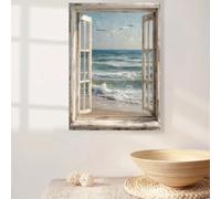 Lienzos impresos con arte costero contemporáneo que muestran una vista desde una ventana con gaviotas sobrevolando la playa. Decoración para dormitorio (30x45cm).