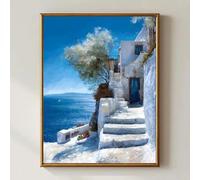 Lienzos impresos con diseño de la costa de una isla mediterránea y el mar azul, cuadro de Santorini para decoración moderna de sala de estar (50x70CM/Sin marco)