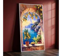 Lienzos impresos con diseño de limonero y vista costera desde una ventana. Decoración de pared con motivos de cítricos y la costa (30x60cm / Sin marco).