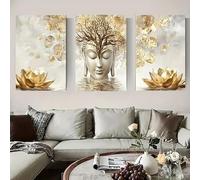 Lienzos impresos con diseño de oasis zen, arte mural moderno con Buda y flor de loto para una decoración serena de la sala de estar (50x70cm - 3 piezas)