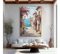 Lienzos impresos con la imagen de un callejón mediterráneo, un paisaje costero con flores y vistas al mar para la decoración del hogar (70x100 cm/sin marco).