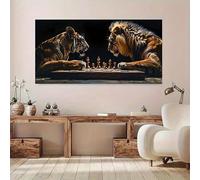 Lienzos impresos con pósteres: Majestuosos tigres y leones jugando al ajedrez. Decoración moderna para pared, ideal para sala de estar o dormitorio. Diseño intrincado (70 x 140 cm).