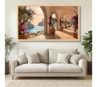 Lienzos impresos con vista costera mediterránea, patio arqueado con olivos, paisaje marino, arte mural, puesta de sol sobre el océano (40 x 80 cm/sin marco).