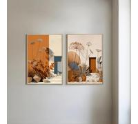 Lienzos impresos en terracota con motivos botánicos, pósteres decorativos de naturaleza cálida en tonos tierra (60x90cm - 2 piezas)