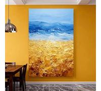 Lienzos modernos abstractos con motivos costeros, arte mural de playa y mar, tonos dorados y azules, lienzo con temática oceánica para la decoración del hogar (60x80cm/sin marco).